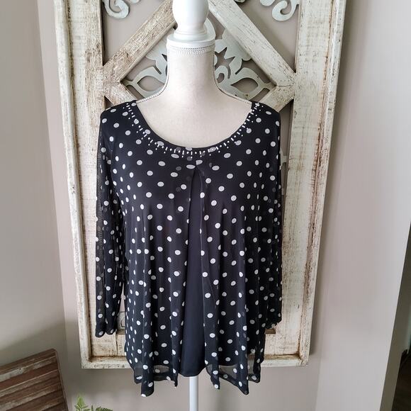 Notations Women's 3/4 Sheer Sleeve Open Drape Embellished Top in Black Polka Dot - Picture 2 of 9